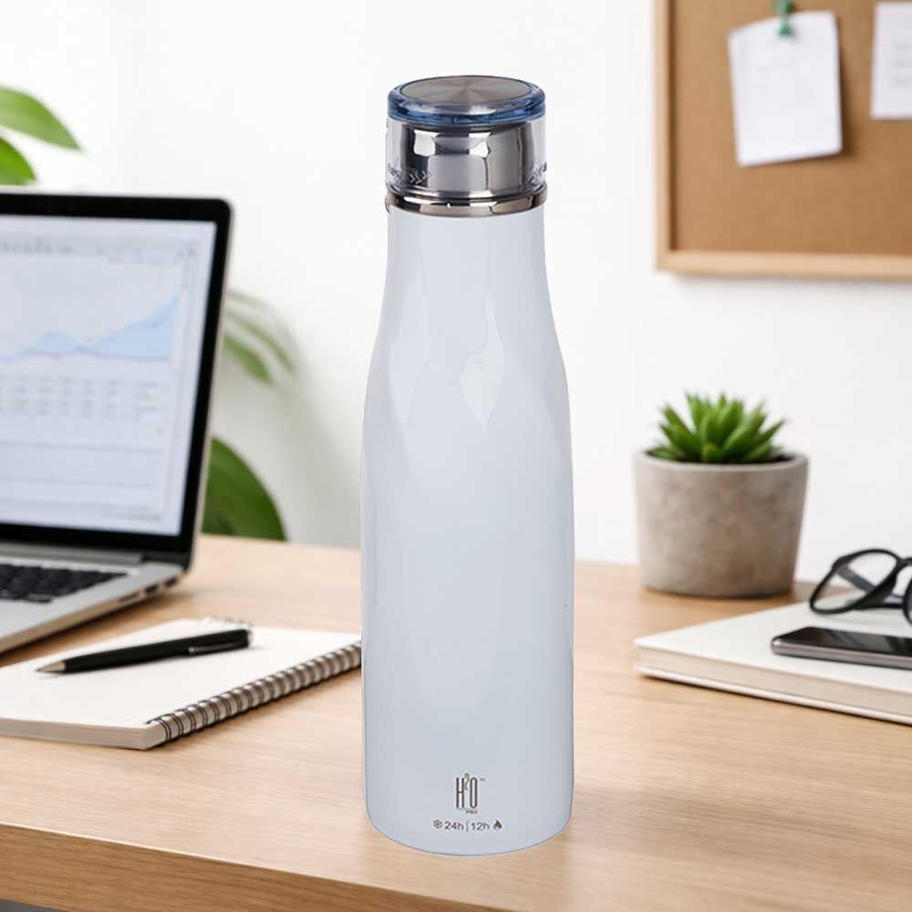 בקבוק תרמי לבן מנירוסטה חם / קר 540 מ"ל מבית H2O-Pro עם הדפסה – תמונה 3