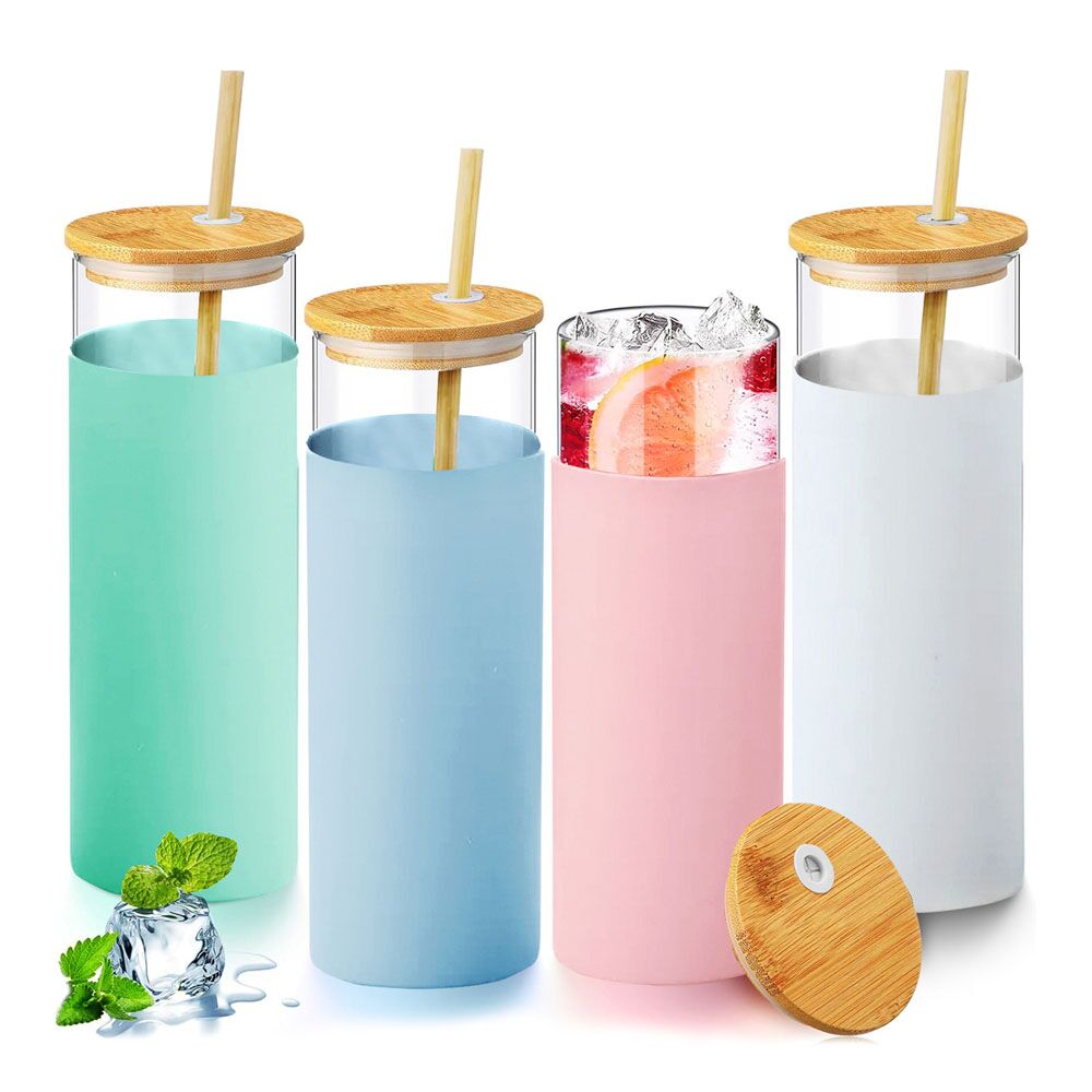 כוס זכוכית עם מכסה במבוק וקש דגם לאוס 500 מ״ל – תמונה 2