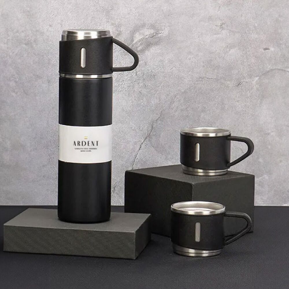 תרמוס שחור 750 מ״ל עם שתי כוסות לחריטה בלייזר – תמונה 4