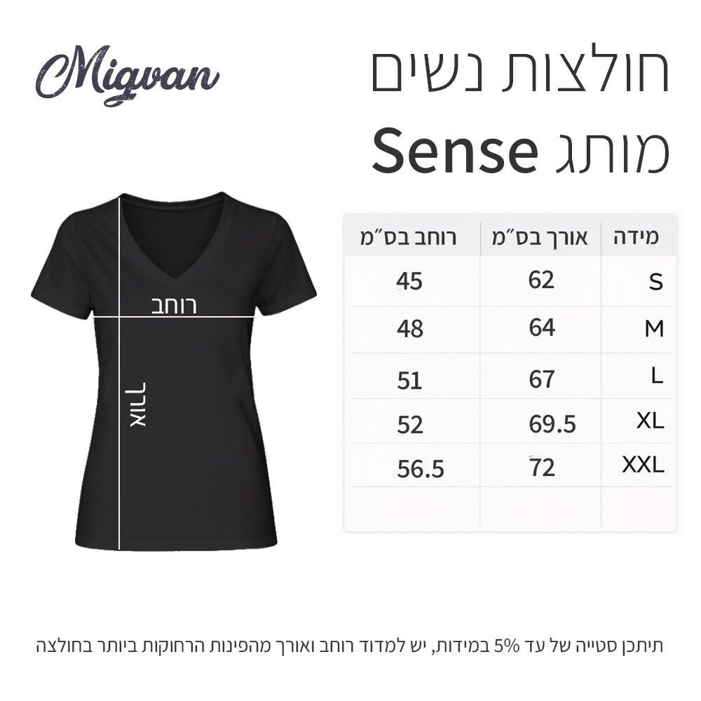 טבלת מידות חולצת נשים מותג sense