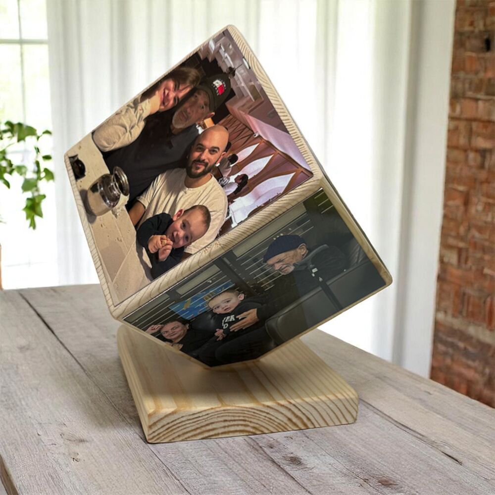 Photo Memory Cube - מעמד קוביית עץ עם הדפסת תמונות וחריטת טקסט – תמונה 2